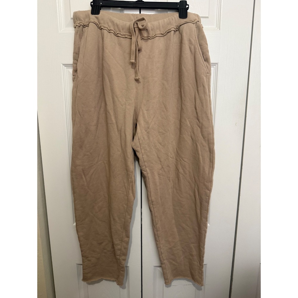 Eileen Fisher Women's L Beige 100% Organic Cotton Terry Pull On Pants Raw Hem